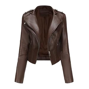 OULIWANGLUO Damen Lederjacke mit Kurze Leichte Niete Übergangsjacke Slim Kunstlederjacke Bikerjacke für Frühling und Sommer (Dark Braun,M)