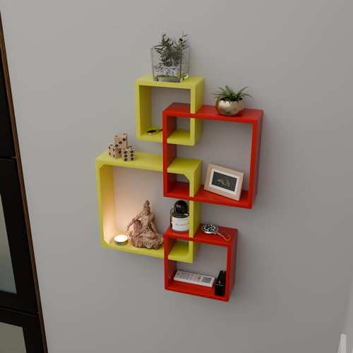 Image of ETIQUETTE ART Floating Cube Shelves - Intersecting Wall Mounted Shelves - Wall Decor Square Shelves for Bedrooms, Living Rooms & More - Set of 4 Box Shelves (Red & Yellow)