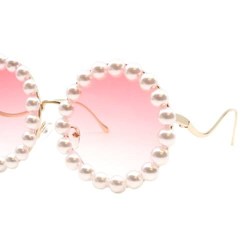 Women's Round Sunglasses Oversized Gold Metal Frame With Pearls UV4002
