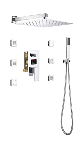 Cascada Digital 12” Sistema de Ducha Montado en Pared con Control Monocomando y Pantalla LCD, 3 Funciones (Lluvia, Jets Corporales y Ducha de Mano) (Negro Mate) miniatura 1