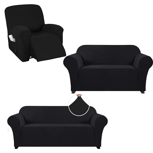 PrinceDeco PrinceDeco Stretch Sofa Slipcover 1 Piece Sofa Cover for 2/3 Cushion Couch Bundle Recliner Chair Cover (Black)