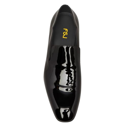 FSJ Men's Shiny Patent Leather Slip-On Loafers Closed Toe Side V-Cut Flats Comfortable Business Party Formal Event Smoking Dress Shoes Size 4-16 US2