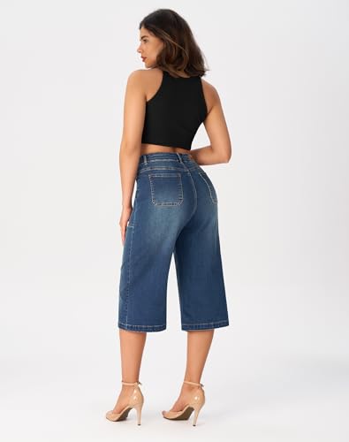 roswear Women’s Wide Leg Capri Pants Stretchy High Waisted Loose Denim Jeans4