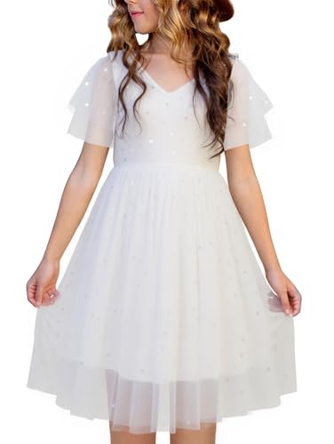 New 1-12Y Girls Tulle Dress Flutter Sleeve Sparkle Dot Soft Cotton Lined Party Summer