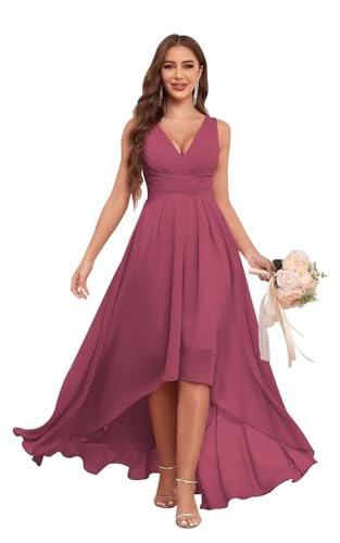 Image of Sukleet Chiffon Bridesmaid Dresses for Women with Pockets V Neck Ruched Short Formal Party Dress