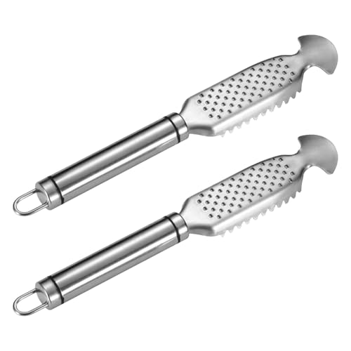 ABOOFAN Lot de 2 Écailleurs de Poisson en Acier Inoxydable Lame Double Outil Manuel pour Enlever les Écailles Poignée Ergonomique Antidérapante Cuisine et Barbecue en Extérieur