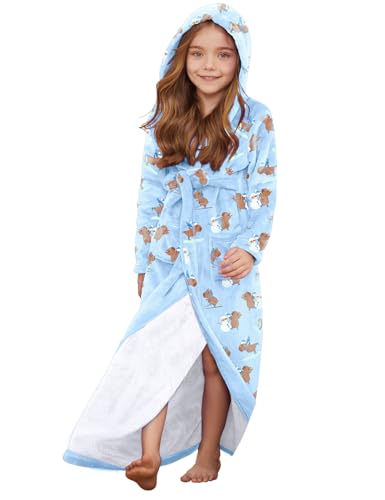Image of Jxstar Girls Bathrobes Kids Long Hooded Robes Plush Full Length Coral Fleece Pajamas Sleepwear