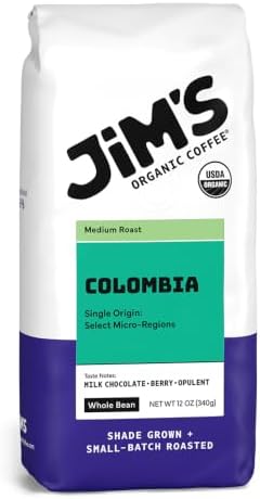 Jim’s Organic Coffee – Colombian – Single Origin, Medium Roast - Whole Bean 12 oz Bag