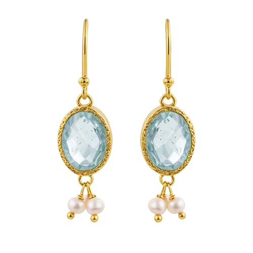 Boucles d'oreilles topaze bleue et perle en argent 925 doré fait main