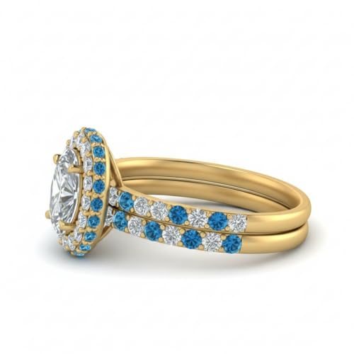 Image of Choose Your Gemstone Oval Halo Rollover Diamond CZ Wedding Ring Yellow Gold Plated Oval Shape Wedding Ring Sets Matching Jewelry Wedding Jewelry Easy to Wear Gifts US Size 4 to 12