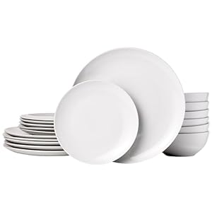 Amazon Basics 18-Piece Kitchen Dinnerware Set, Plates, Dishes, Bowls, Service for 6, White Porcelain Coupe