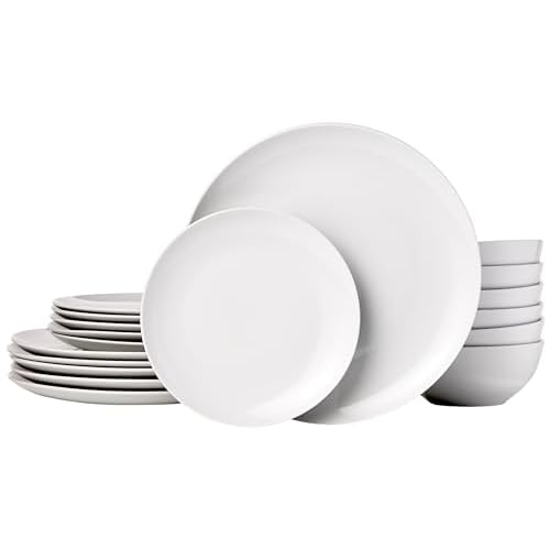 Amazon Basics Dinnerware Set, Microwave and Dishwasher Safe, Service for 6, 18-Piece Complete Kitchen, Plates, Dishes, Bowls, White Porcelain Coupe