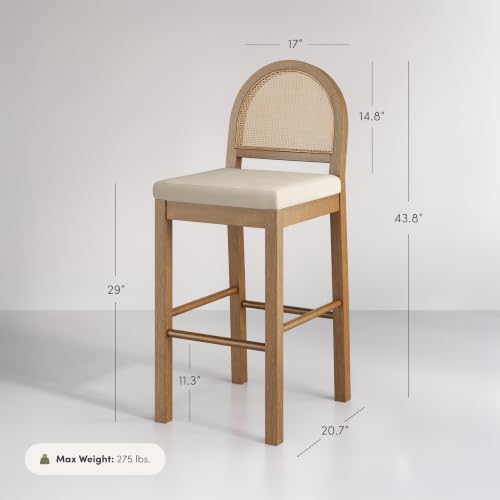 Image of Nathan James Bailey 29 in. Boucle Bar Stool with Back, Bar Height Chair with Natural Woven Rattan Back and Solid Wood Legs, Light Brown, Set of 2