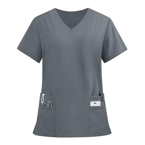 Image of FONMA Scrub Tops Women Plus Size Stretchy V-Neck Scrub Shirts with 4 Pockets Breathable Short Sleeve Nurse Uniforms