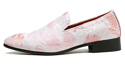 Santimon Mens Penny Loafers Embroidery Casual Slip On Driving Wedding Prom Shoes Moccasins Smoking Slipper Pink2