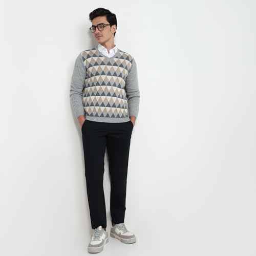Image of Park Avenue Men Reguler Fit Jacquard Pattern Acrylic Wool Blend V Neck Sleeveless Casual Winter Wear Grey