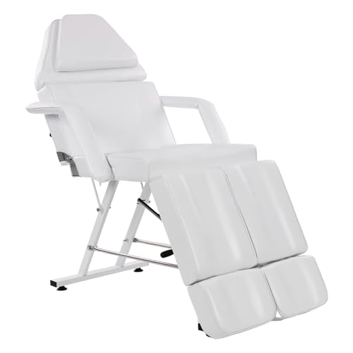 Facial Chair Esthetician Table, Multi-Purpose Tattoo Salon Chair Professional Split Legs Multi-use Massage Table Spa Chairs with Adjustable Buckles & Armrest for Salon Beauty (White+Split Leg)