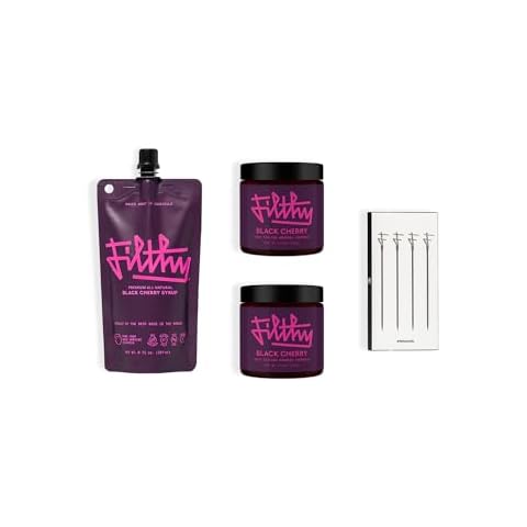 Filthy Whiskey Cocktail Kit, Includes Black Cherry Syrup, Black Cherries & 4 Stainless Steel Cocktail Picks Cover