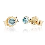 Steinfarbe: Aquamarin NKlaus Paar 3,0mm 585 Gelb Gold 14 Karat Ohrstecker Kristall Zirkonia Aquamarin Butterfly Verschluss Damen Mädchen 11009
