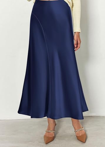 Image of KIRUNDO Women's Satin Maxi Skirt 2026 Summer Fall Trendy High Waisted Wedding Cocktail Party Work Silk A-Line Formal Skirts