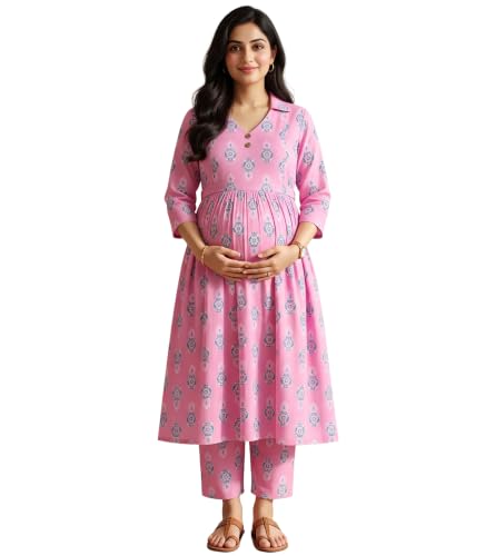 Image of DUMMY SHAPE Maternity Dresses for Women Cotton | Floral Kurta Pant Dupatta Set with Nursing Zippers, Side Pocket | Pre & Post Pregnancy | Feeding Kurti Suit | Baby Shower | Gifts for Pregnant Woman