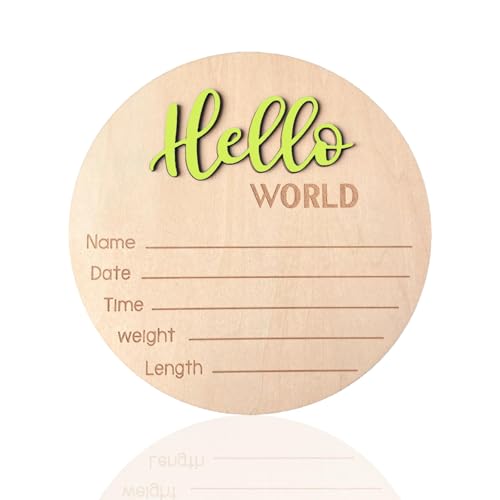 Image of Baby Announcement Sign, 5.9 Inch Wooden Hello World Newborn Signs, Birth Announcement Sign, Baby Shower Hospital Nursery for Newborn Boys and Girls (Wilderness Green)