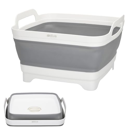 Aktive 52985 - Fregadero plegable para camping | Accesorios Camping - Barreño plegable capacidad para 8,5 litros | Medidas 30,5x30x20/7 cm | Plástico y goma TPR con tapón drenaje