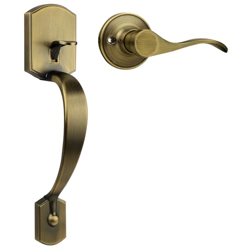 Image of Probrico Antique Brass Front Door Handle, Heavy Duty Entry Door Handle with Interior Reversible Handed Lever, Lock Grip Handle with Wave Lever Keyless Door Locks, 1Pack