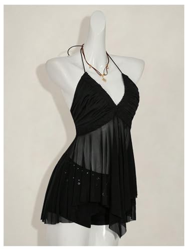 Milumia Women's Ruffle Sheer Halter Tops Ruched V Neck Backless Party Rave Cami Tops2