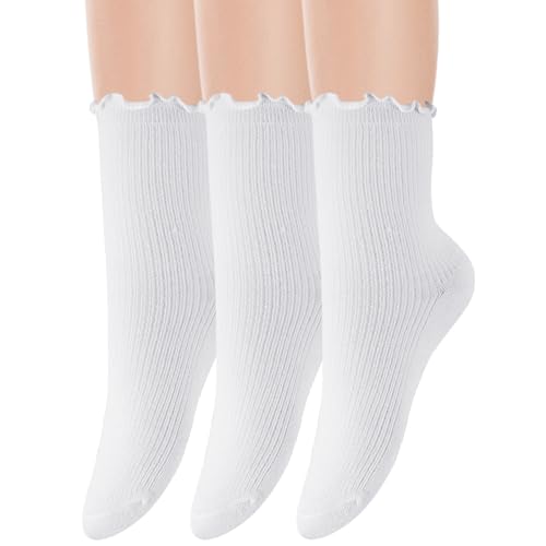 3 Pairs White Ankle Socks Woman - Casual Cotton Crew Frilly Sock,Solid Color Breathable Soft Crew Socks