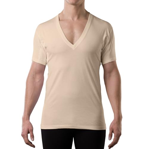 THOMPSON TEE Men's Sweatproof Undershirt - Cotton Deep V Neck - Original Fit - with Sweat Pads
