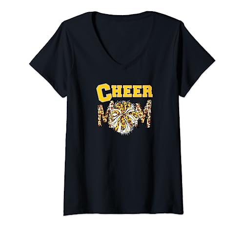 Cheer Mom - Lindas letras de leopardo - Equipo amarillo - Animadora Camiseta Cuello V