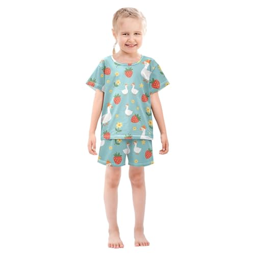 Pajama Short Sets Farm Animals with Strawberries Flowers Soft Cotton Summer Sleepwear 2 Piece PJS Size 5-14T4