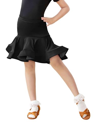 Avrigirl Fishtail Asymmetric Black Latin Ballroom Skirts for Little Girls Dance, Salsa, Tango, Samba