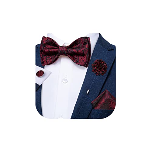Image of DiBanGu Paisley Bow Ties for Men Silk Self Tied Bowtie and Pocket Square Cufflinks with Lapel Pin for Wedding Party