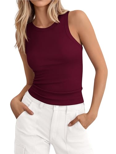PRETTYGARDEN Womens Summer High Neck Ribbed Tank Tops Casual Basic Sleeveless Slim Fitted Racerback Workout T Shirts (Burgundy Medium)