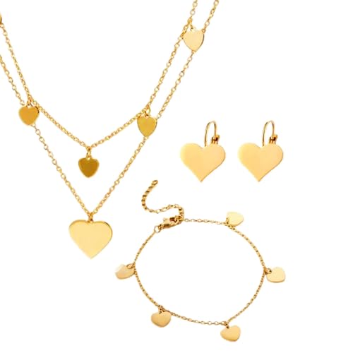 Rainway 3 Kette Gold Damen Layering Halskette Armband Ohrringe, Gold Anhänger Halskette Ohrringe, Herz Coin Anhänger Halsketten, Herz Armband, Doppel Mehrreihige Zarte Goldkette Für...
