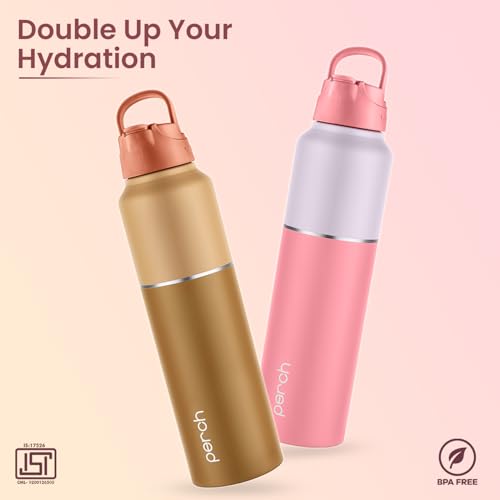 Image of Perch Magic ISI Certified Stainless Steel Water Bottle 1 Ltr | Fridge Bottle with Sipper Cap & Straw | Single Wall | BPA Free | Lightweight | For Home, Office, Gym, Travelling Set of 2 (Brown & Pink)