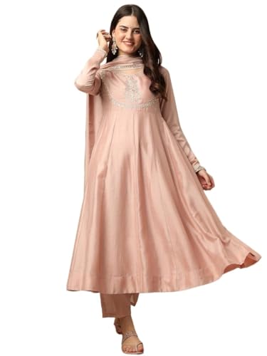 Womens Kurta Set Silk Blend Party Wear Embroidered A-Line Kurta Pant with Dupatta