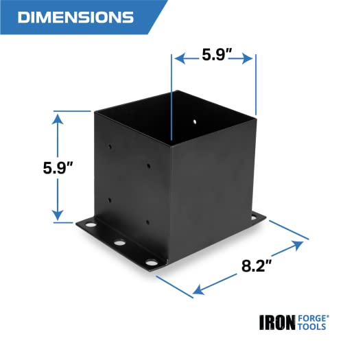 Image of Iron Forge Tools 6x6 Post Base for Concrete, 4 Pack - Black, 5.6 x 5.6 Inch | Heavy Duty Steel Fence Post Anchors, For Wood Deck, Fence, Porch, Railing or Pergola