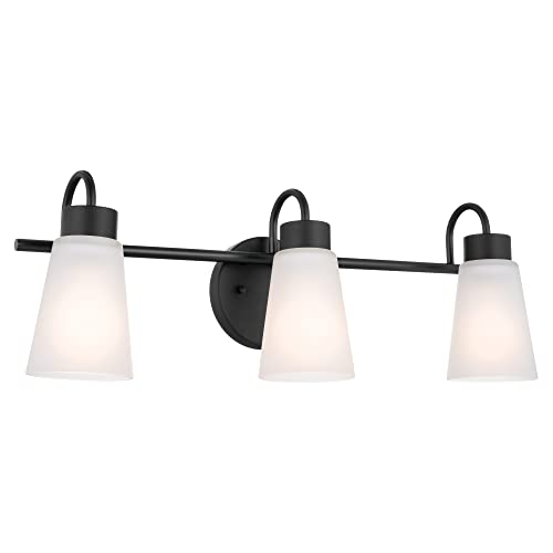 Image of Kichler Erma 3-Light Bathroom Vanity Light Fixture with Satin Etched Glass Shades, Modern Traditional Wall Mount Lighting in Black for over Mirror (23 x 8.5 x 6 in), 45887BK