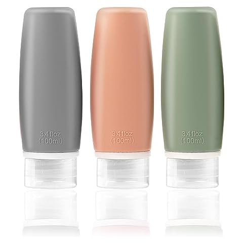 FNSHIP Portable Food Grade Squeeze Silicone Liquid Travel Bottles for Shampoo, Conditioner, Lotion, Toiletries 100ml/3.4oz (3 Pack) Cover
