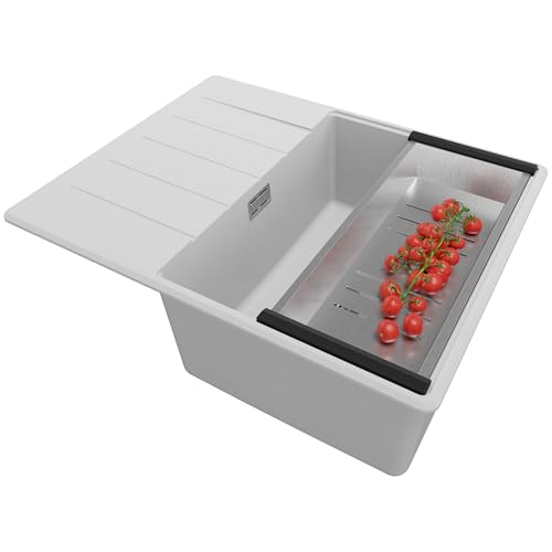 PRIMAGRAN Fregadero Cocina Gris 62x50cm, Granito 1 Seno + Sifón, Sobre encimera al mueble 45cm - Copenhague