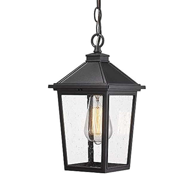 Outdoor Pendant Lights, HWH Farmhouse Exterior Hanging Porch Light, Outside Hanging Lantern with Height Adjustable Chain, Matte Black Finish with Seeded Glass, 5HX64H BK