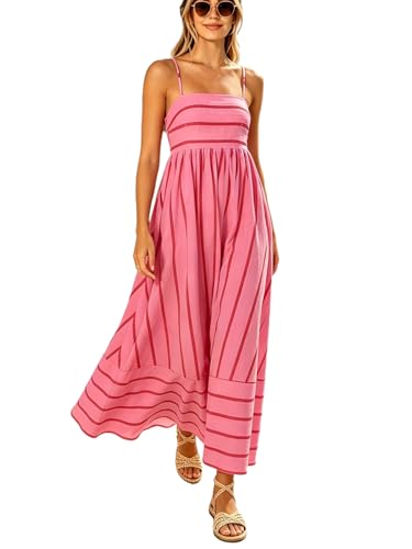 Image of utcoco Womens Summer Striped Back Smocked Maxi Sundresses Spaghetti Strap Cut Out Flowy Swing A Line Long Dress