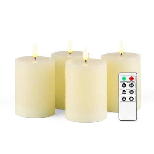 Fanna Flameless LED Pillar Candles with Timer for Wreath, Battery Operated Rustic Wax Candles with Remote for Christmas, 8 Batteries Included - Set of 4 (D 7.5cm x H 10cm) - Ivory