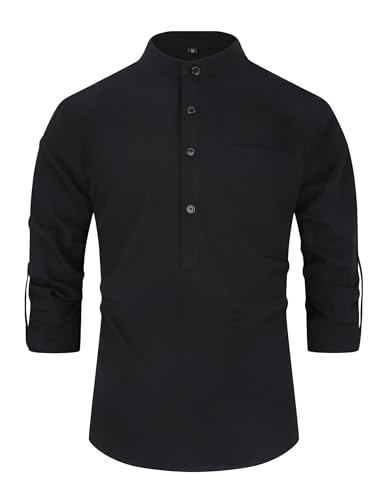 Men's Black Casual Long Sleeve Mandarin Collar Shirt Button-Down Henley Style3