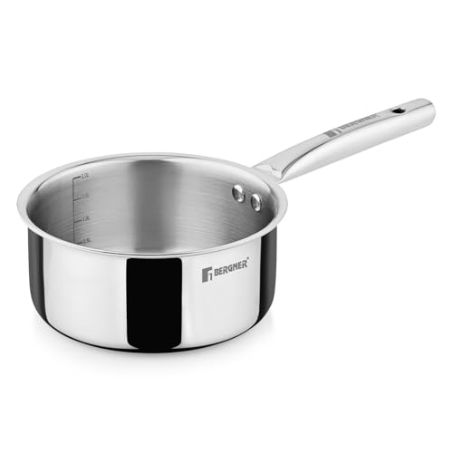 Image of Bergner TriPro Triply Stainless Steel 18cm (2L) Saucepan/Milkpan with Heavy Bottom, Ergonomic Handle with Excellent Grip, Even and Fast Heating, Easy to Clean - Induction and Gas Stove Ready
