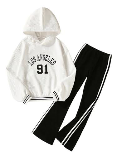 Image of Verdusa Girl's 2 Piece Outfits Long Sleeve Hoodie Sweatshirt and Wide Leg Pants White Black 12Y