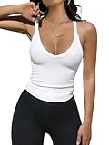 Hragc Womens Deep V Neck Low Cut Racerback Ribbed Tank Tops for Women Workout Slim Fitted Cotton Camisole Shirts White